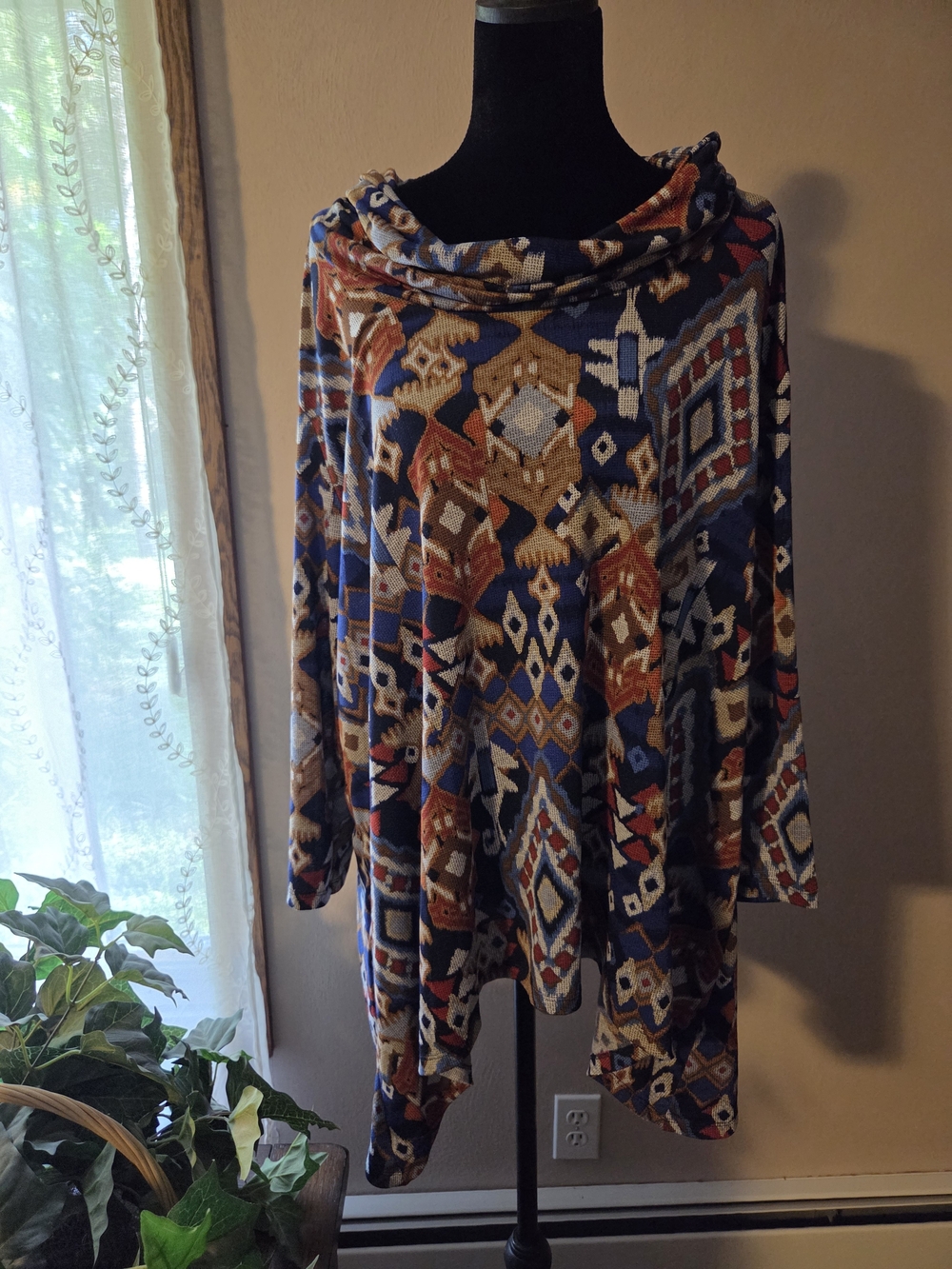 Ruby Rd. Cowl Neck Geometric Sweater - Blue & Brown Multi Size 1x